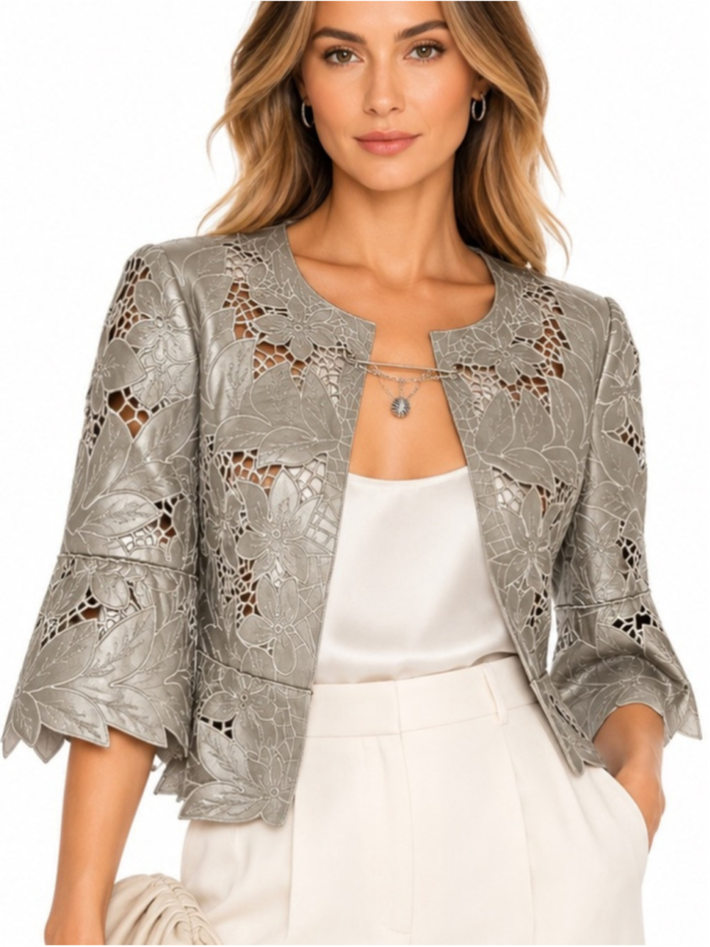 Nygård Genuine Leather Floral Cutwork Jacket Silver Grey Size 8